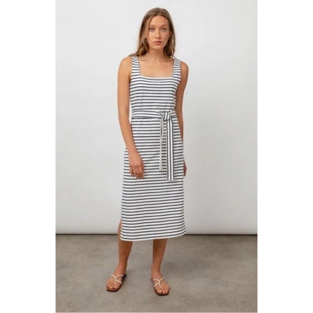 Rails Women's Taylin Chalk Navy Stripe Cotton Tank Midi Dress Belted Nautical L - Picture 2 of 13
